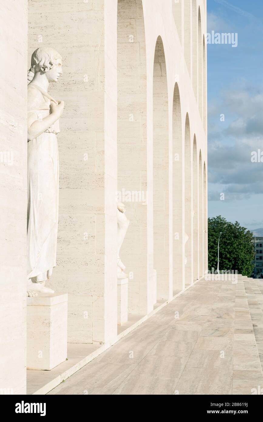 The Square Colosseum (Palazzo della Civiltà Italiana) is a fascist-era building part of the rationalism architecture district EUR, in Rome, Italy Stock Photo