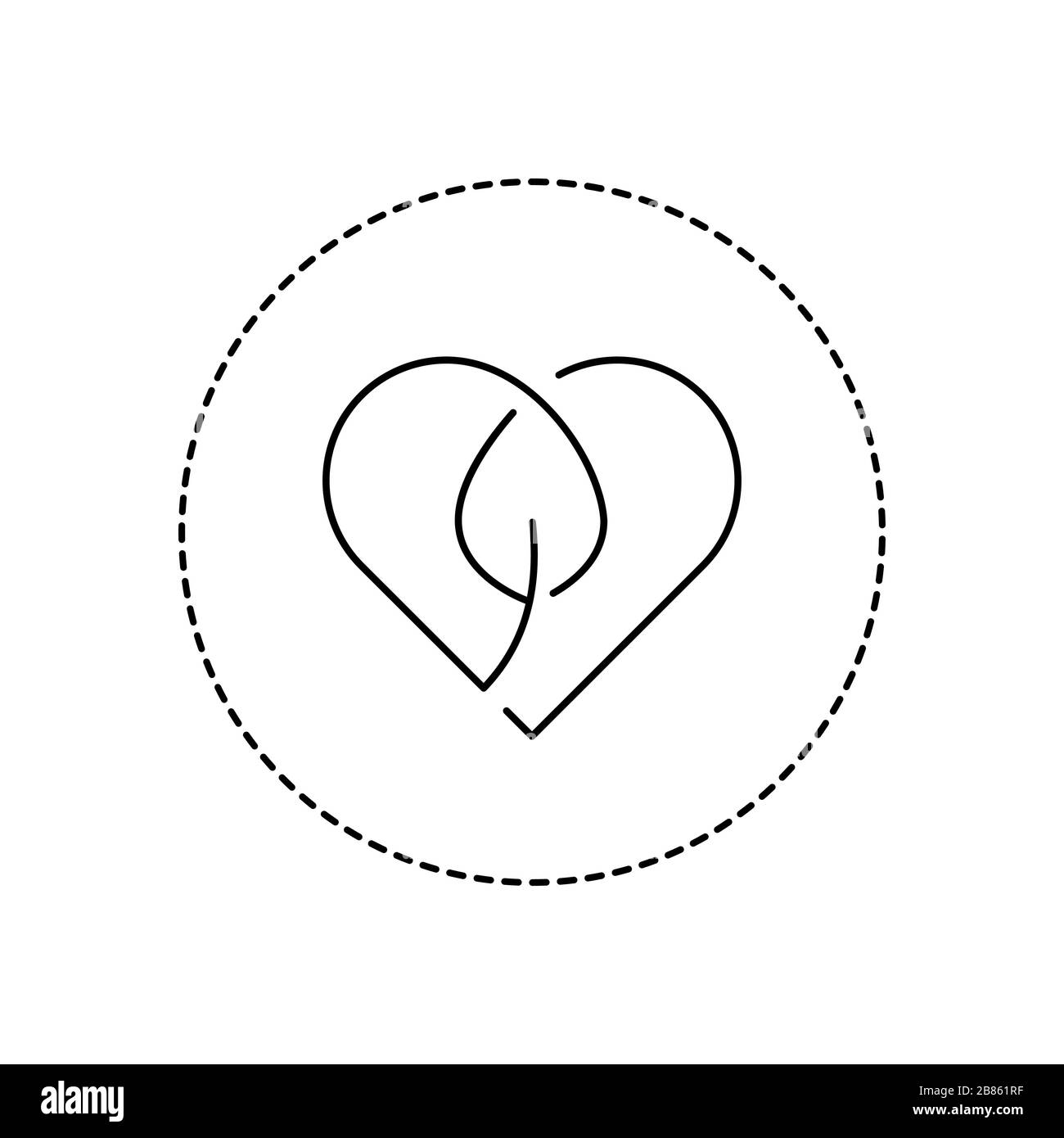 Linear heart and leaf sign. Single line eco friendly logo. Love the Earth concept. Sustainable materials symbol badge, stamp, emblem. Vector Stock Vector