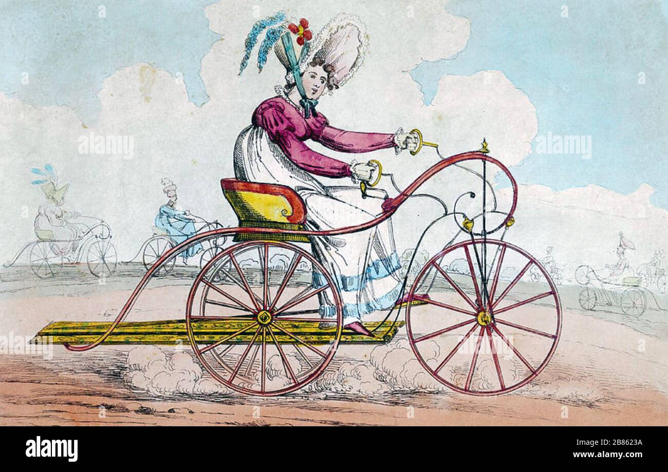 THE LADY'S HOBBY  The hobby-horse bicycle became a craze in 1819. An undated print showing a mechanically advanced but impractical model. Stock Photo