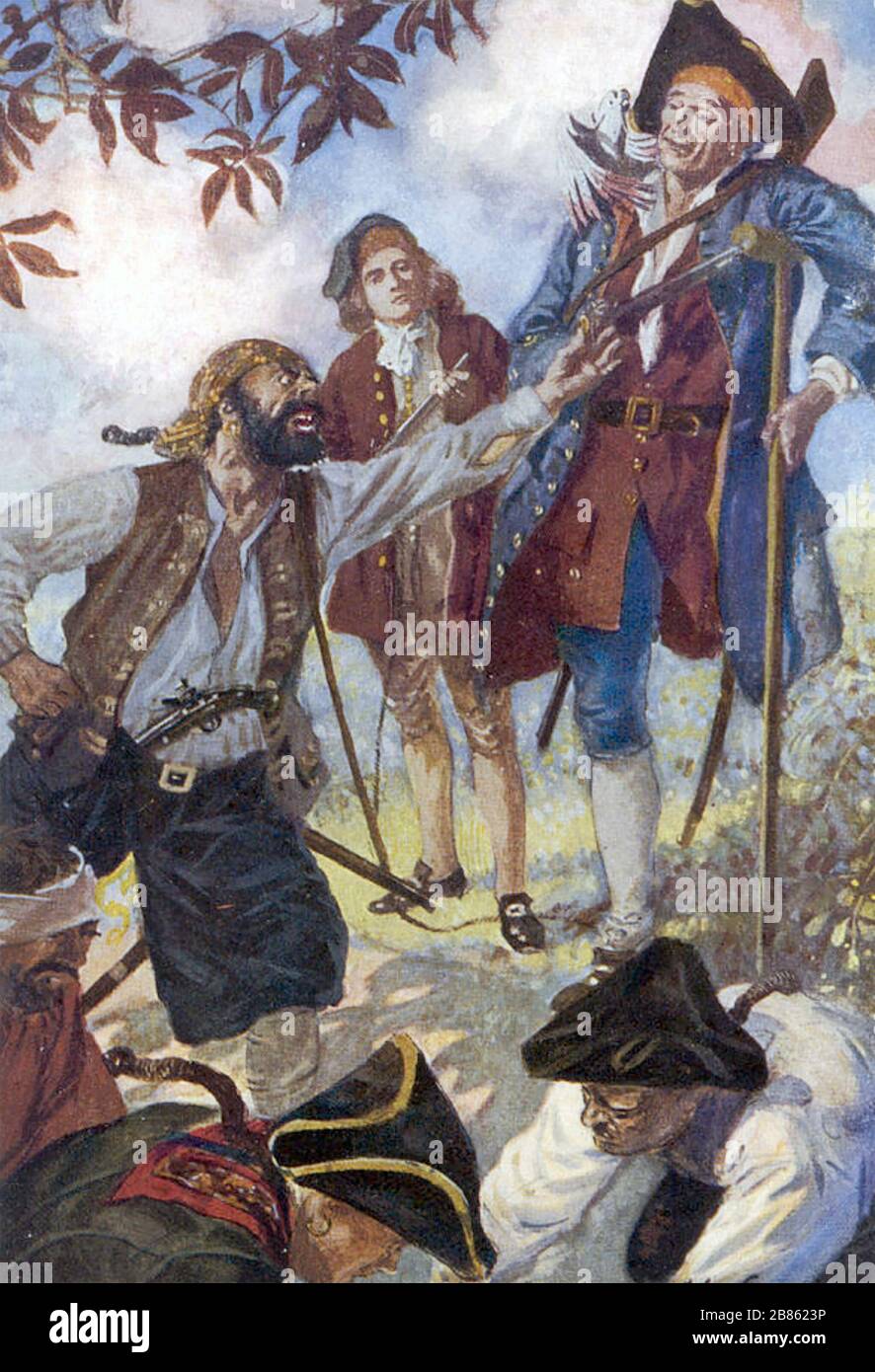 TREASURE ISLAND 1883 novel by Robert Louis Stevenson.  George Merry and his pirates find the treasure has gone as Long John Silver watches in amusement, Stock Photo
