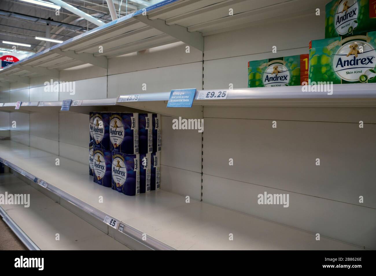 Empty Supermarket Shelves March 2020 Stock Photo