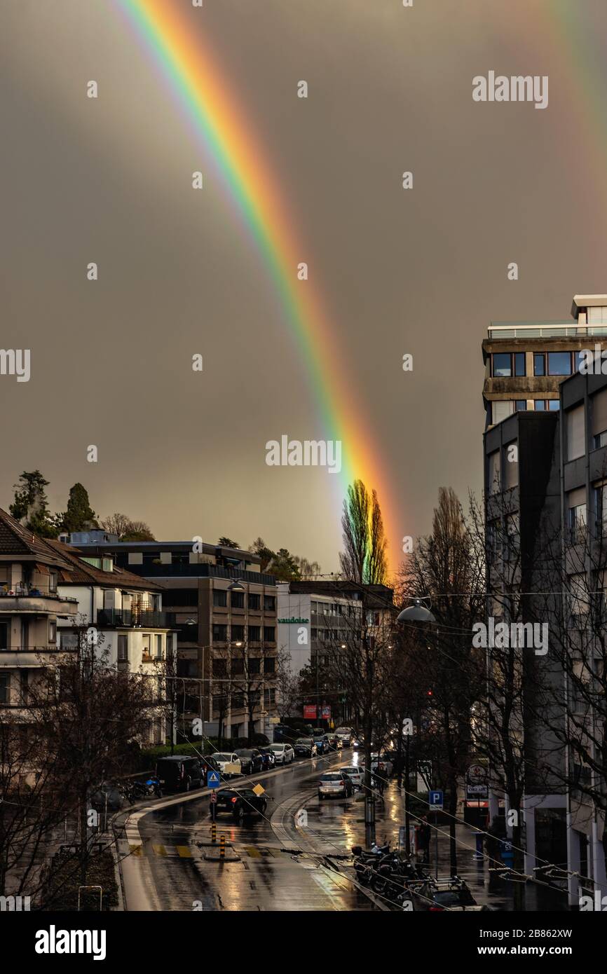 Lausanne double rainbow on avenue de cour Switzerland Stock Photo