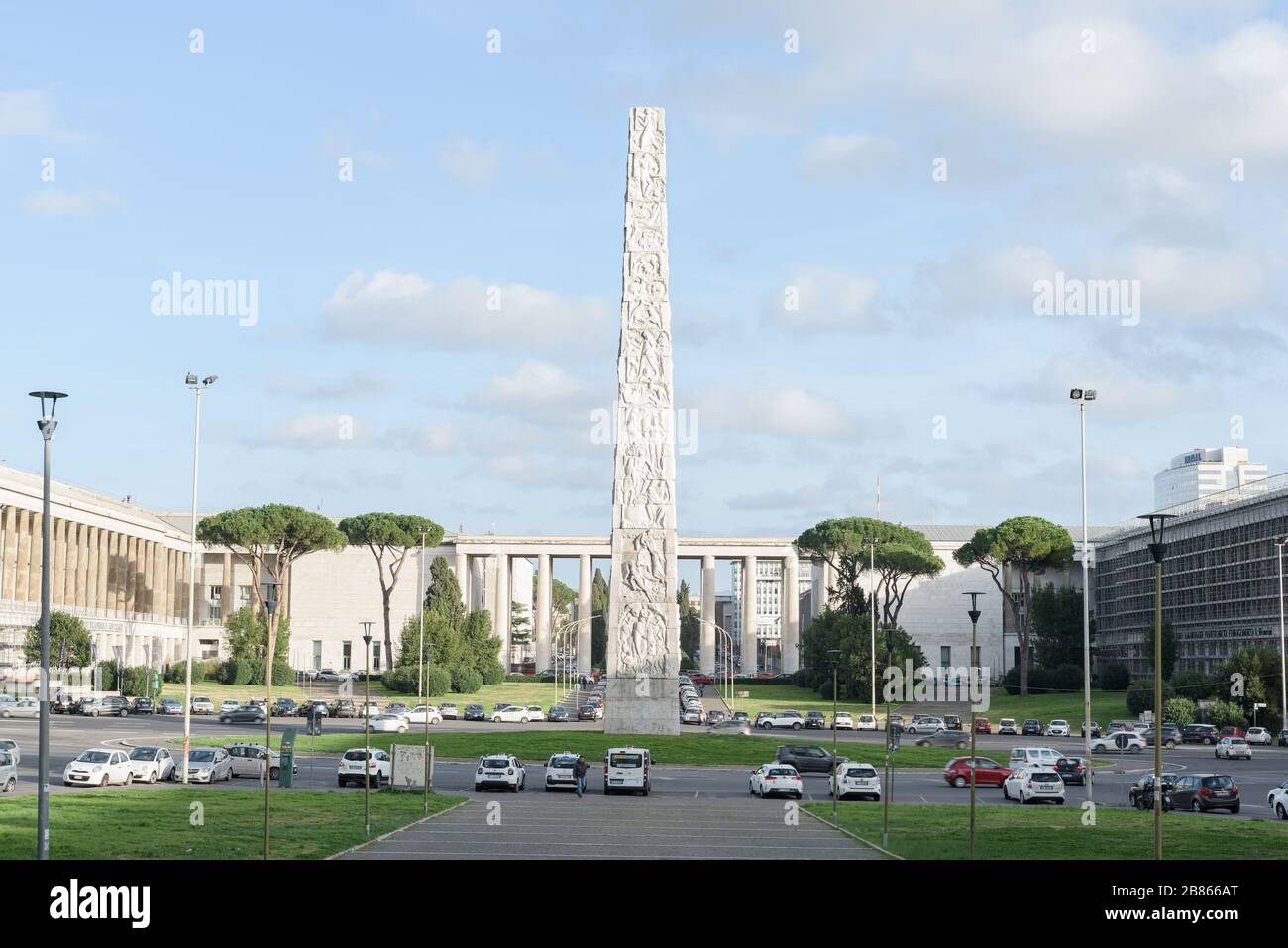 Rationalism architecture Obelisk in Giuglielmo Marconi Square, in EUR modern district from the fascist era, Rome Stock Photo