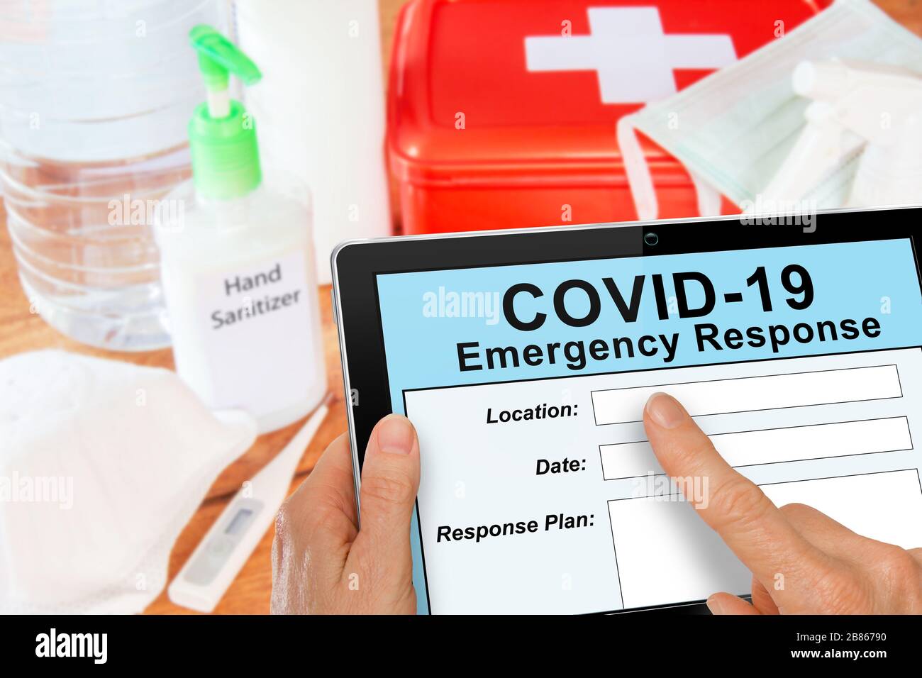Emergency Response kit for Covid19 Coronavirus with mask and sanitizer self isolation concept Stock Photo