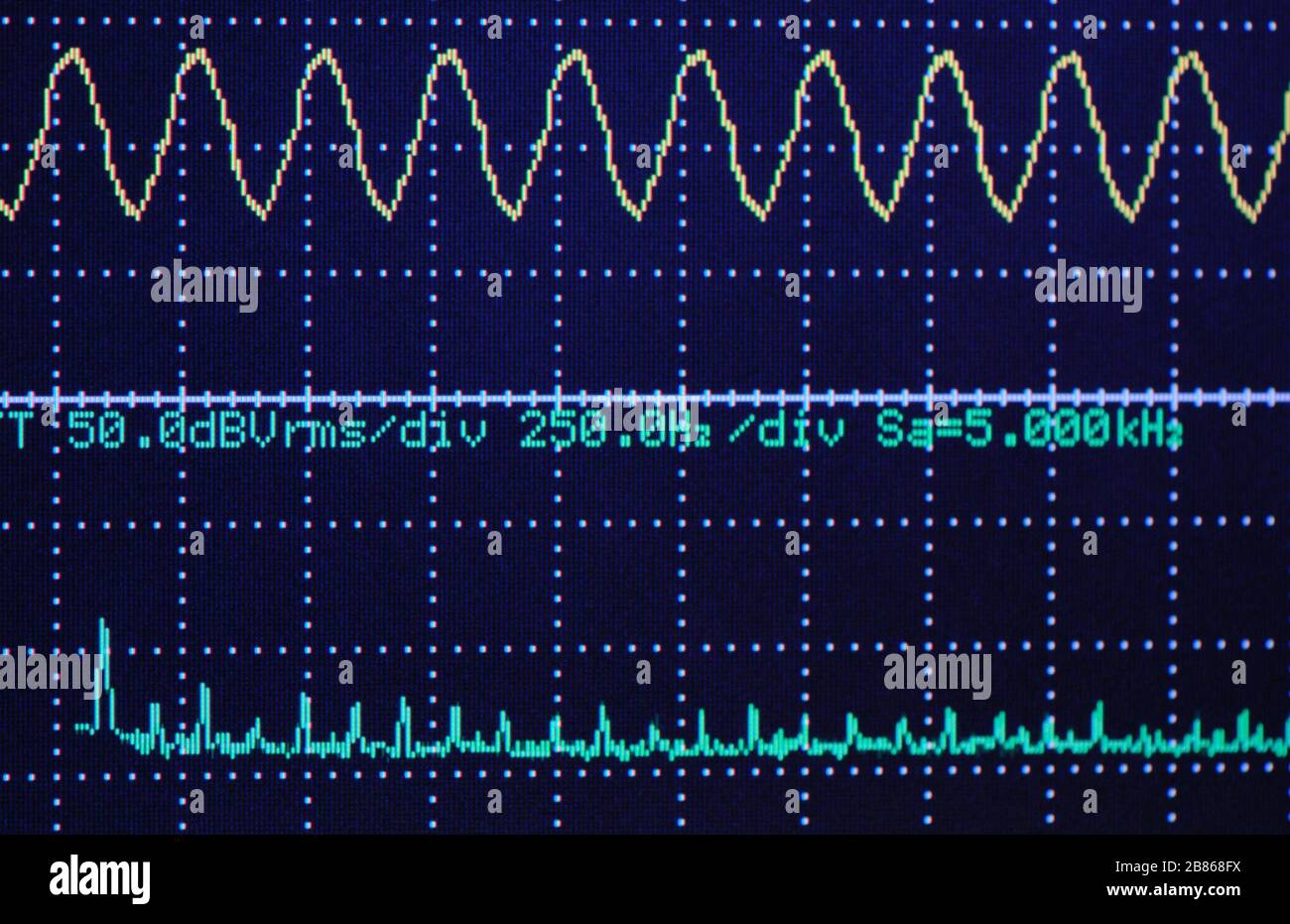Closeup an oscilloscope monitor examining the amplitude and time