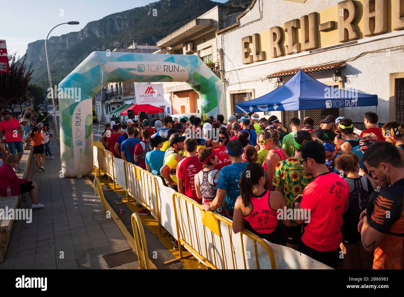 Runners waiting for the start of cross country race in the La Safor Mountains of Spain Stock Photo