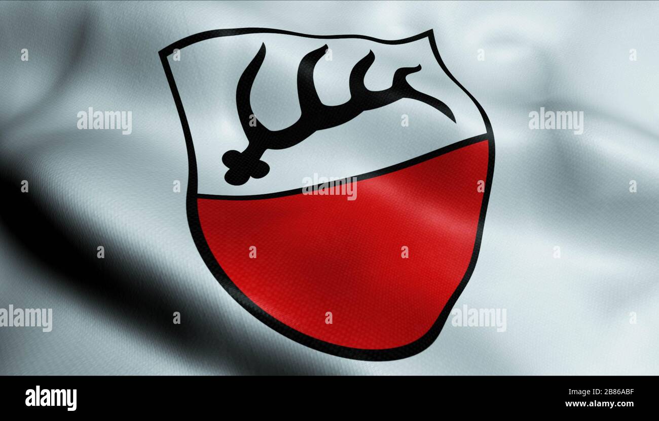 3D Illustration of a waving coat of arms flag of Schomberg (Germany