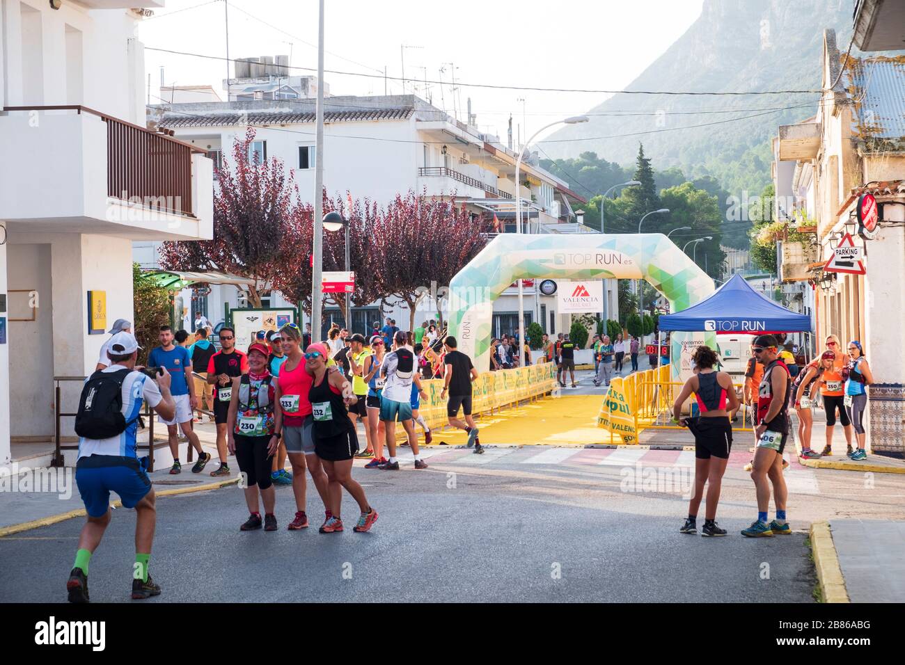 Runners preparing for the start of cross country race in the La Safor Mountains of Spain Stock Photo
