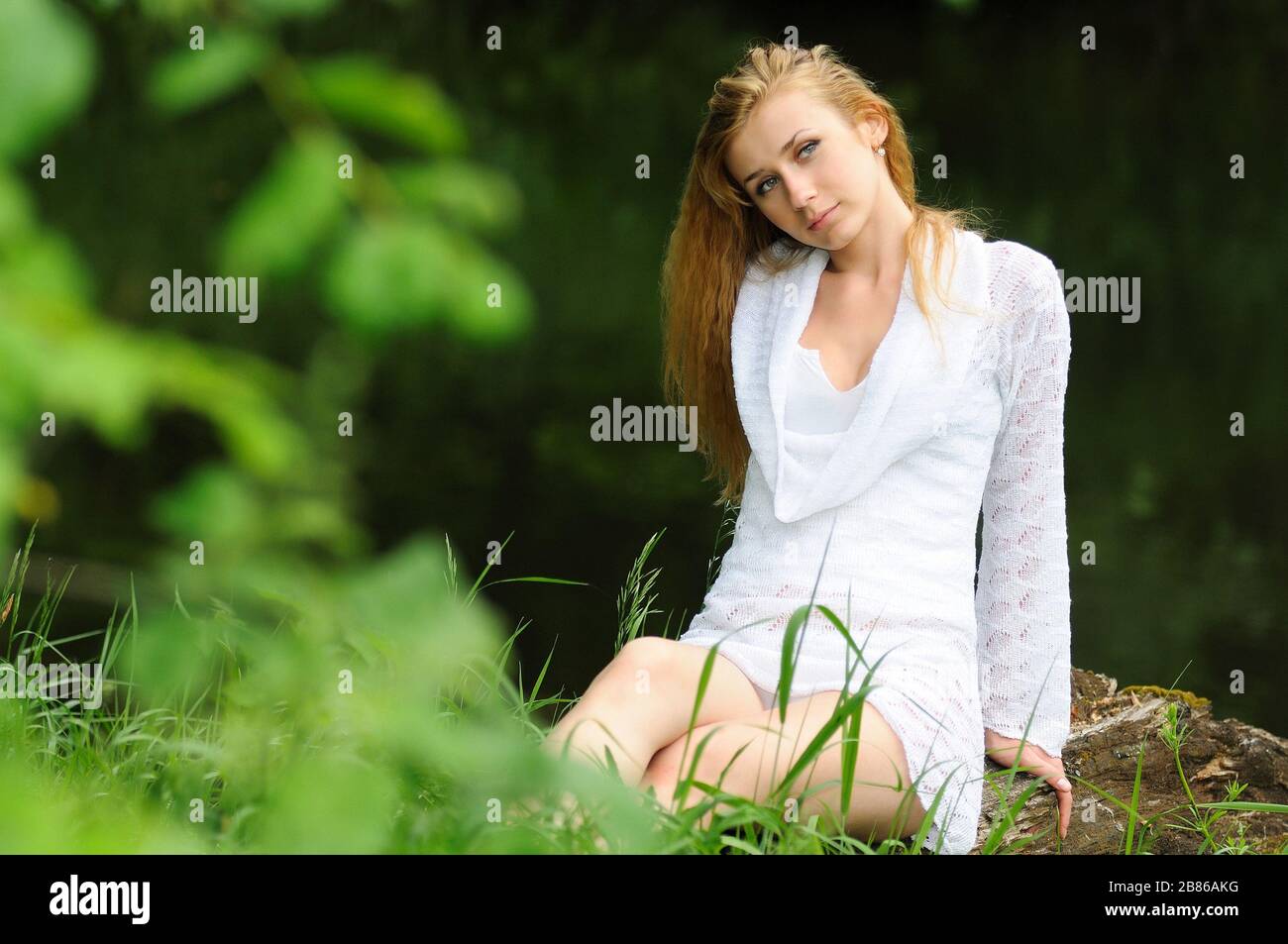 Beautiful blonde girl in a white lace dress posing sitting on a log ...