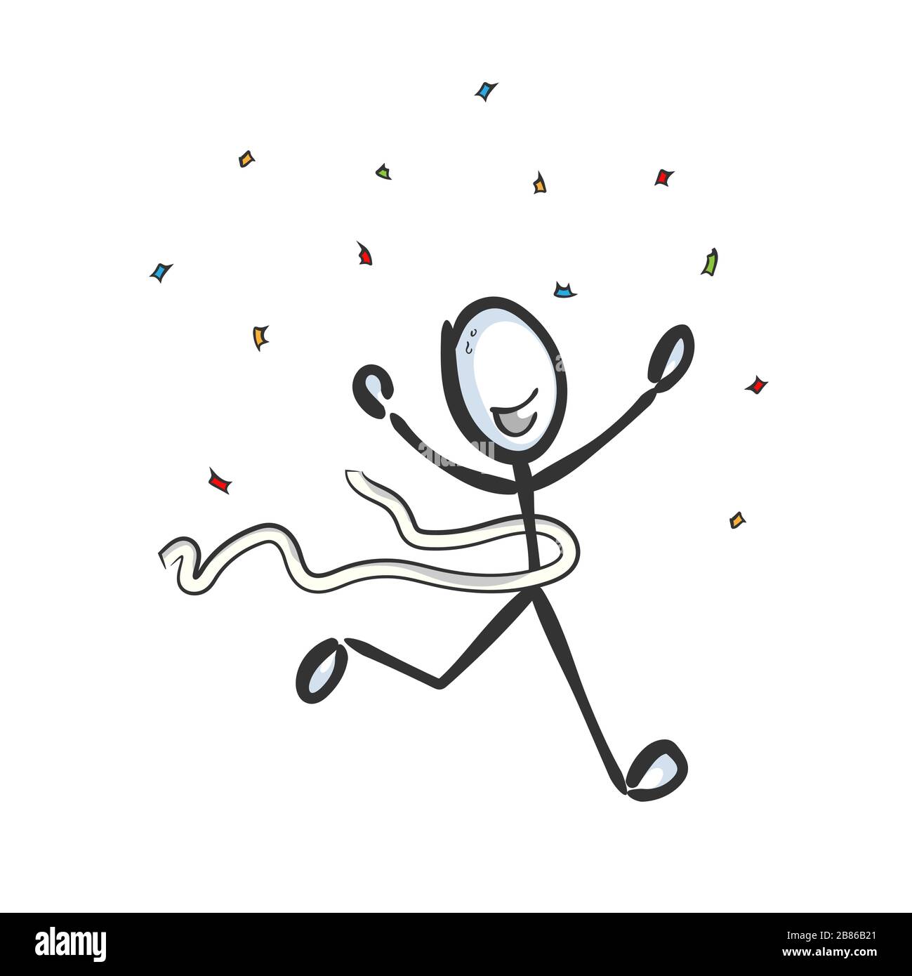 Finish line. Champion win. Sports competition winner. Runner takes first place. Gold medal. Hand drawn. Stickman cartoon. Doodle sketch, Vector Stock Vector