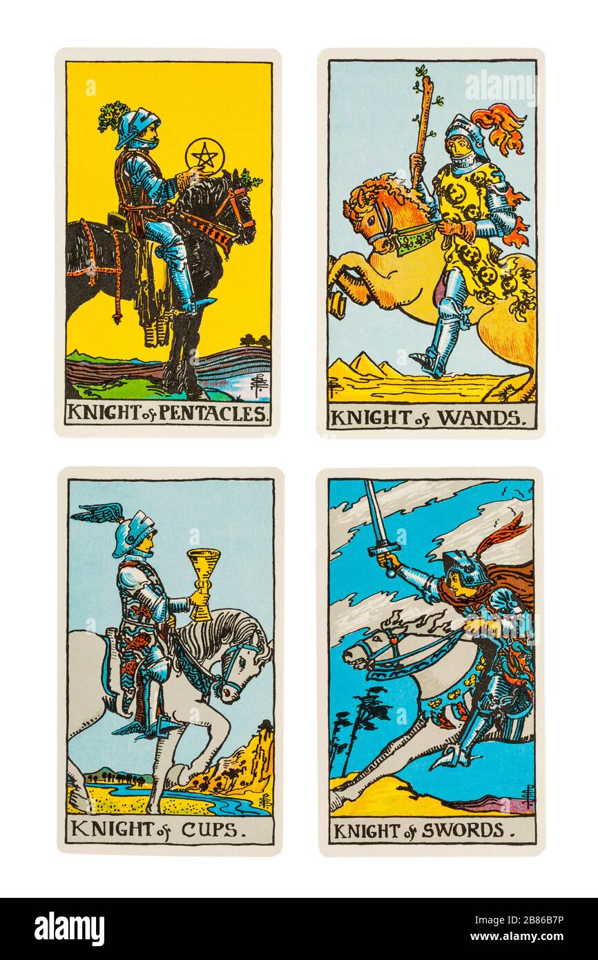 Set of Knights Rider Tarot Cards designed by Pamela Colman Smith under supervision of Arthur Edward Waite - Knight of pentacles, swords, cups & wands Stock Photo