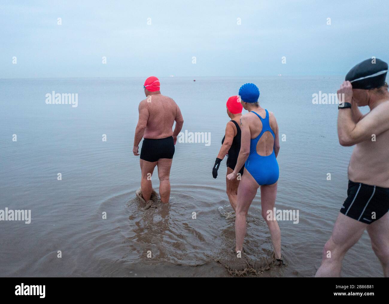 A group of outdoor swimmers swim in the sea, Clevedon. Stock Photo