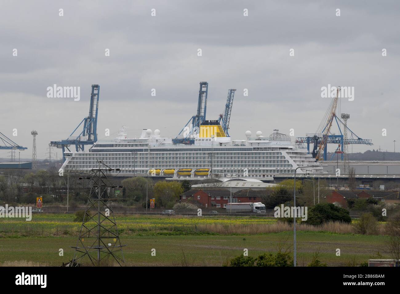 Tilbury Essex, UK. 20th Mar, 2020. The Cruise ship Spirit of Discovery in Tilbury docks due to the Coronavirus outbreak has been put on standby for the possible use as a hospital ship during the Covid19 crisis. The 58,250 tonne ship was delivered to Saga Cruises in July 2019 and has a capacity for 999 passengers and 523 crew. Credit: MARTIN DALTON/Alamy Live News Stock Photo