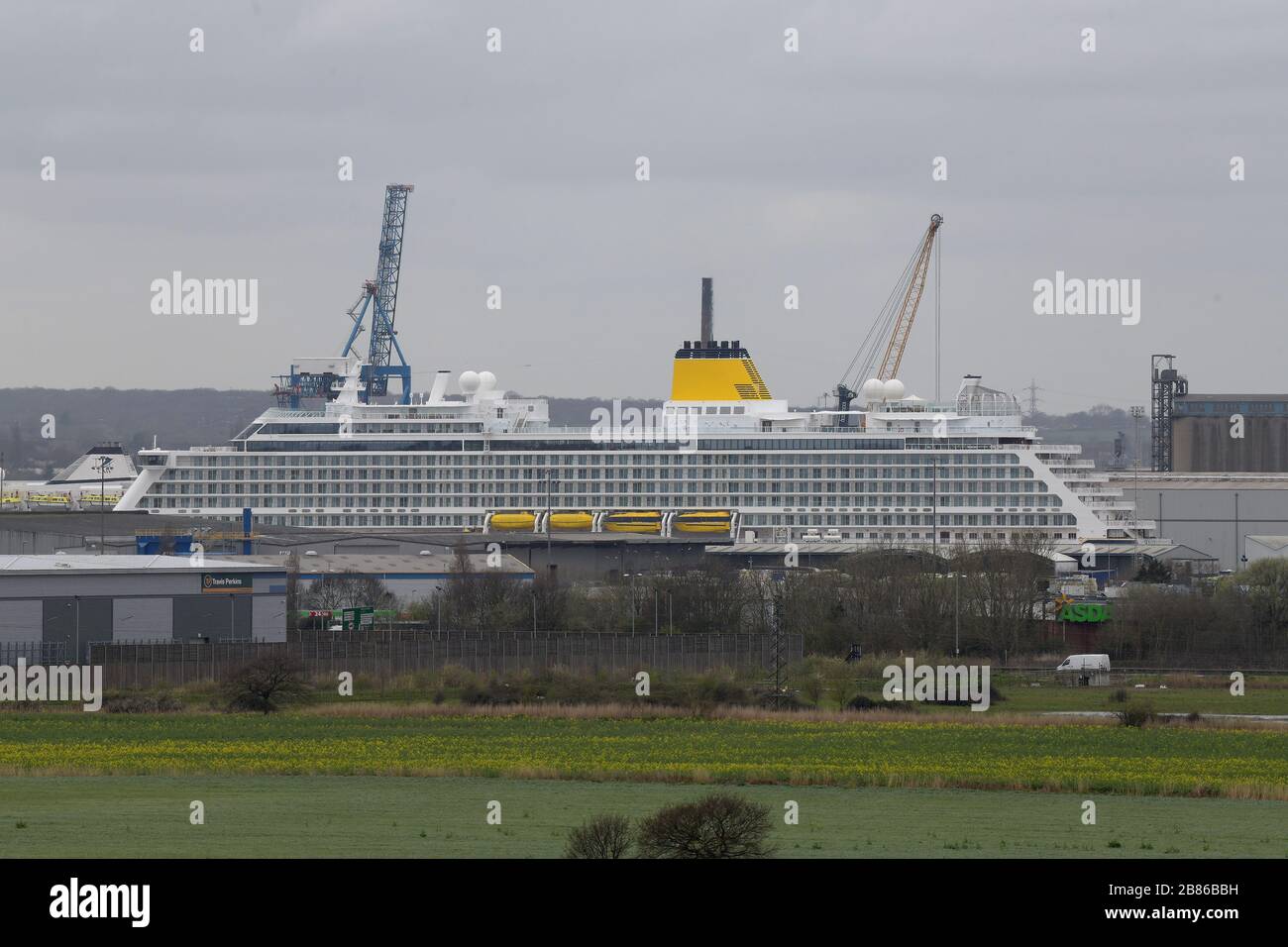 Tilbury Essex, UK. 20th Mar, 2020. The Cruise ship Spirit of Discovery in Tilbury docks due to the Coronavirus outbreak has been put on standby for the possible use as a hospital ship during the Covid19 crisis. The 58,250 tonne ship was delivered to Saga Cruises in July 2019 and has a capacity for 999 passengers and 523 crew. Credit: MARTIN DALTON/Alamy Live News Stock Photo