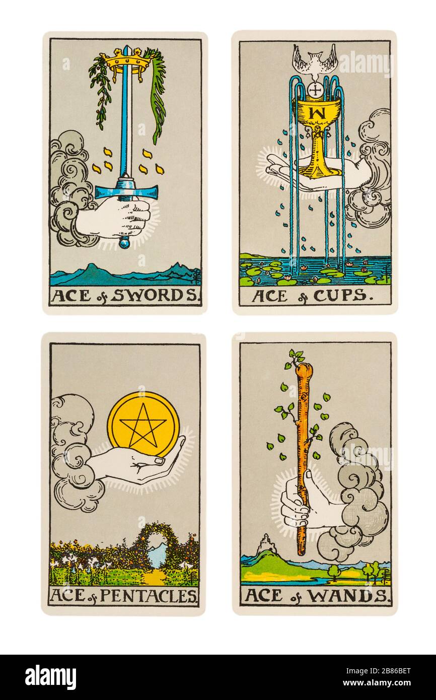 Set of Aces Rider Tarot Cards designed by Pamela Colman Smith under supervision of Arthur Edward Waite - Ace of pentacles, swords, cups & wands Stock Photo