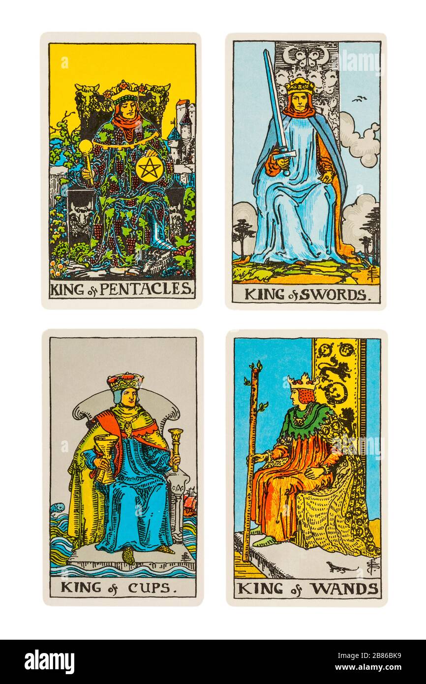 Set of Kings Rider Tarot Cards designed by Pamela Colman Smith under supervision of Arthur Edward Waite - King of pentacles, swords, cups & wands Stock Photo