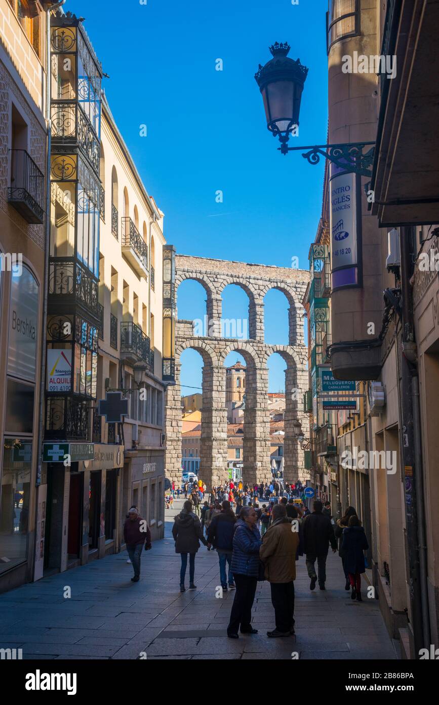 Aqueduct from Cervantes street. Segovia, Spain. Stock Photo