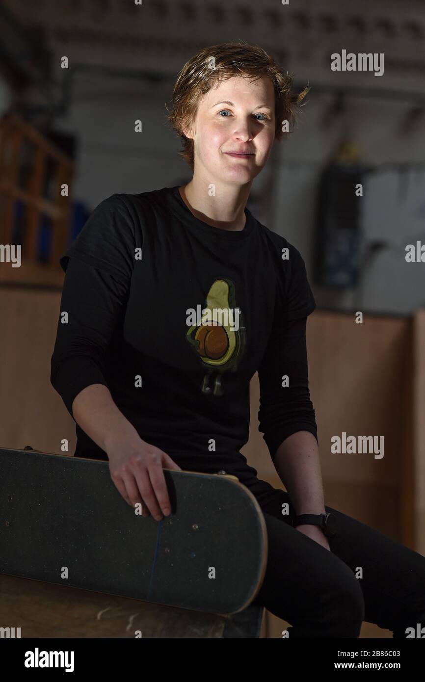 02 March 2020, Hessen, Kassel: Skateboarder Jennifer Schneeweiss is sitting  with her board in the Mr. Wilson skate hall. She wants to qualify for the  Olympic Games. (to dpa-Korr "On four wheels