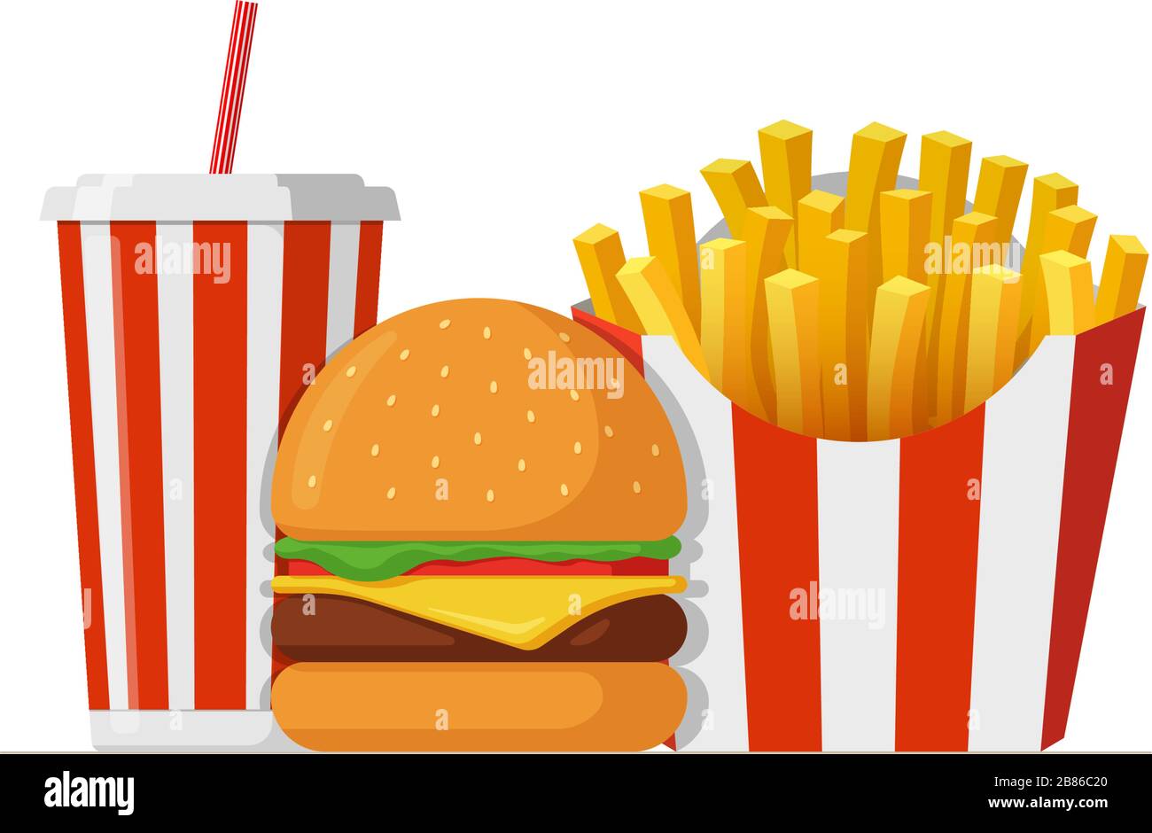 Fast sreet food takeaway lunch meal set. Classic cheese burger with french fries pack and soft drink soda cup. Flat isolated eps vector illustration Stock Vector