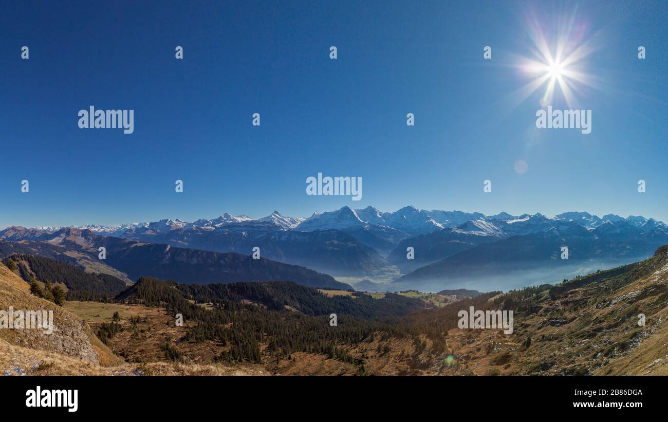 Eiger, Moench and Jungfrau mountains in panoramic view with blue sky ...