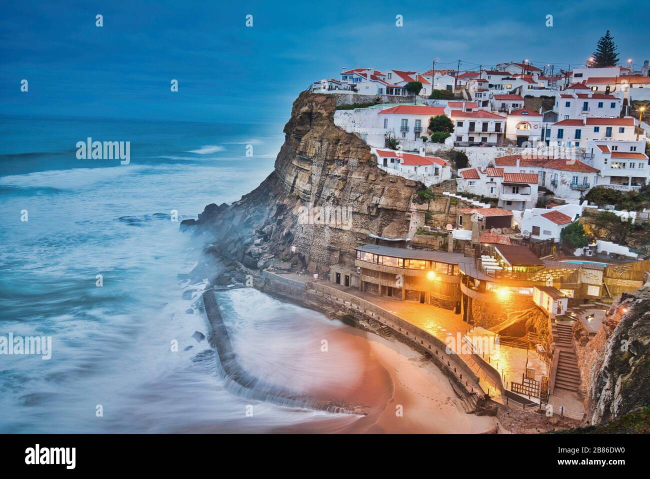 Panoramic photo of the Azenhas do Mar at the sunset time Stock Photo