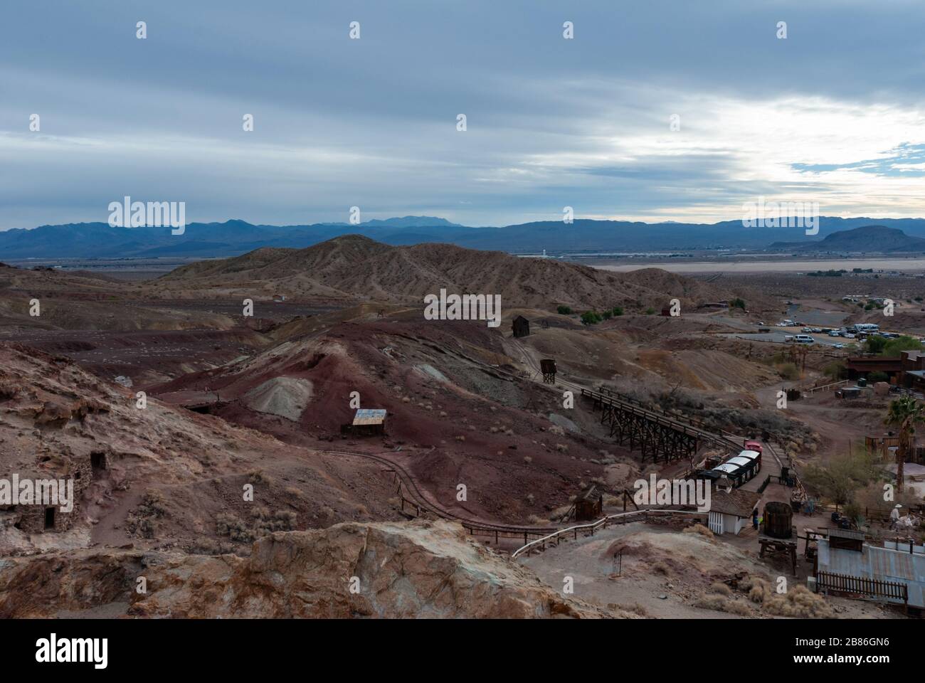 Calico Ghost town, view over the railroad and station. Mojave desert, California, USA Stock Photo