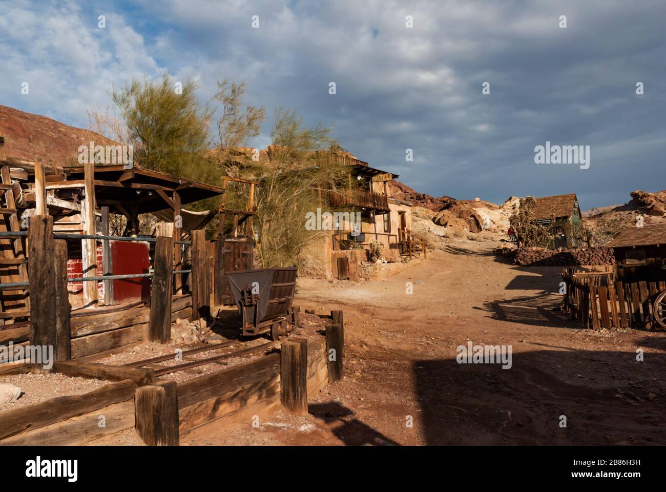 California/USA - 12/20/2014. Main street of Calico Ghost Town main street. Old wooden houses and piecec of silver mining industry. Mojave desert, Cali Stock Photo