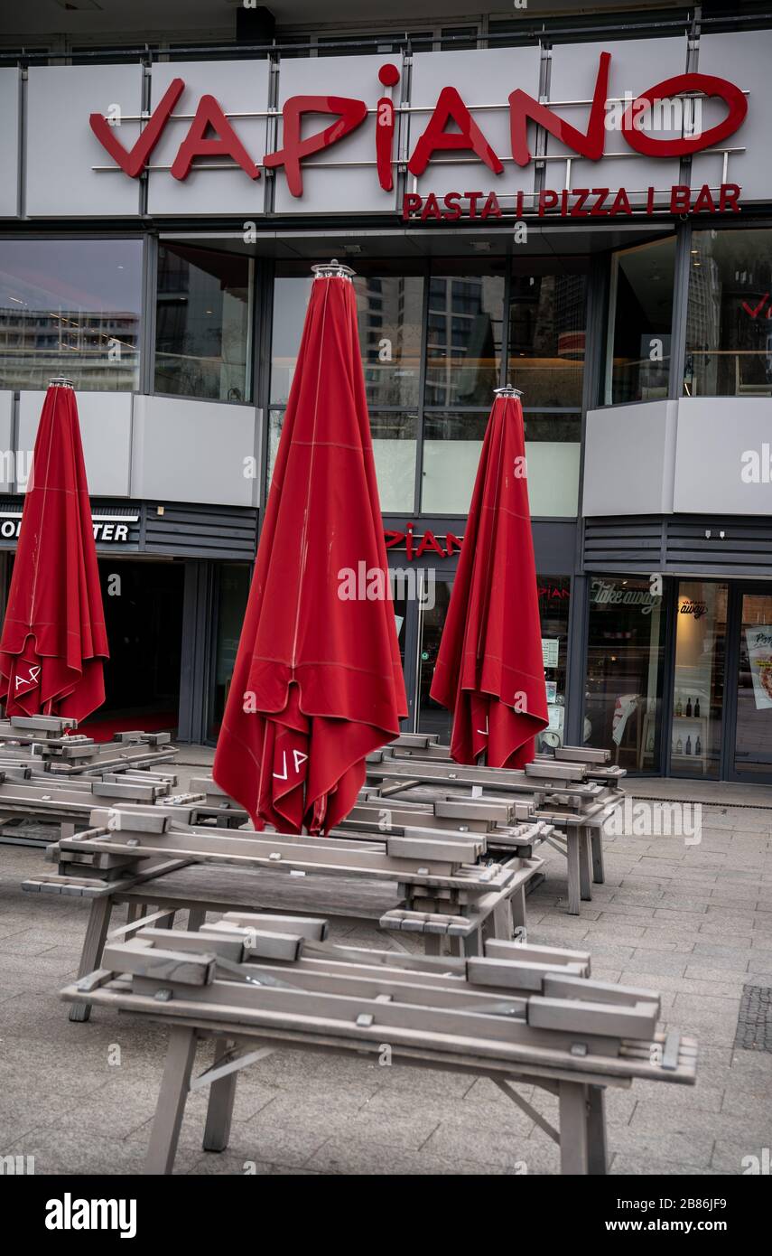 Berlin, Germany. 20th Mar, 2020. The benches in front of the restaurant  "Vapiano" at Breitscheidplatz are raised, the restaurant is closed. The  restaurant chain Vapiano has announced the reason for the insolvency