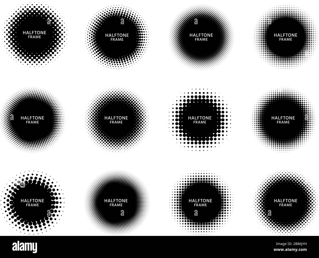 Round halftone shape frames. Black circles with dotted texture, dots gradient and circle shapes label frame vector set Stock Vector
