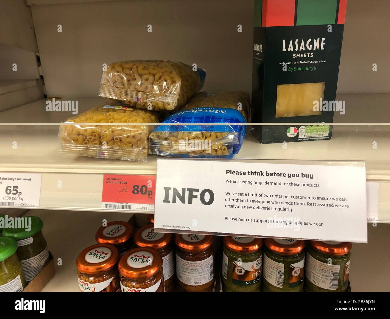 A notice on a pasta shelf in a south Glasgow Sainsbury's notifying customers that they will only be permitted to buy two units per person. The Chancellor is to unveil an emergency package aimed at protecting workers' jobs and wates as they face hardship in the fight against the coronavirus pandemic. Stock Photo