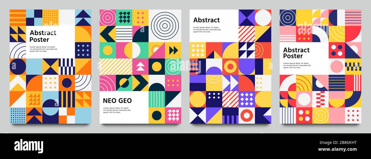 Colorful neo geometric poster. Grid with color geometrical shapes. Modern abstract promotional flyer background vector illustration set Stock Vector