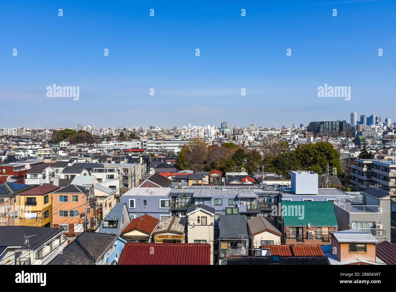 Skyline in Setagaya ward in sunny day with blue sky, Tokyo, Japan Stock Photo