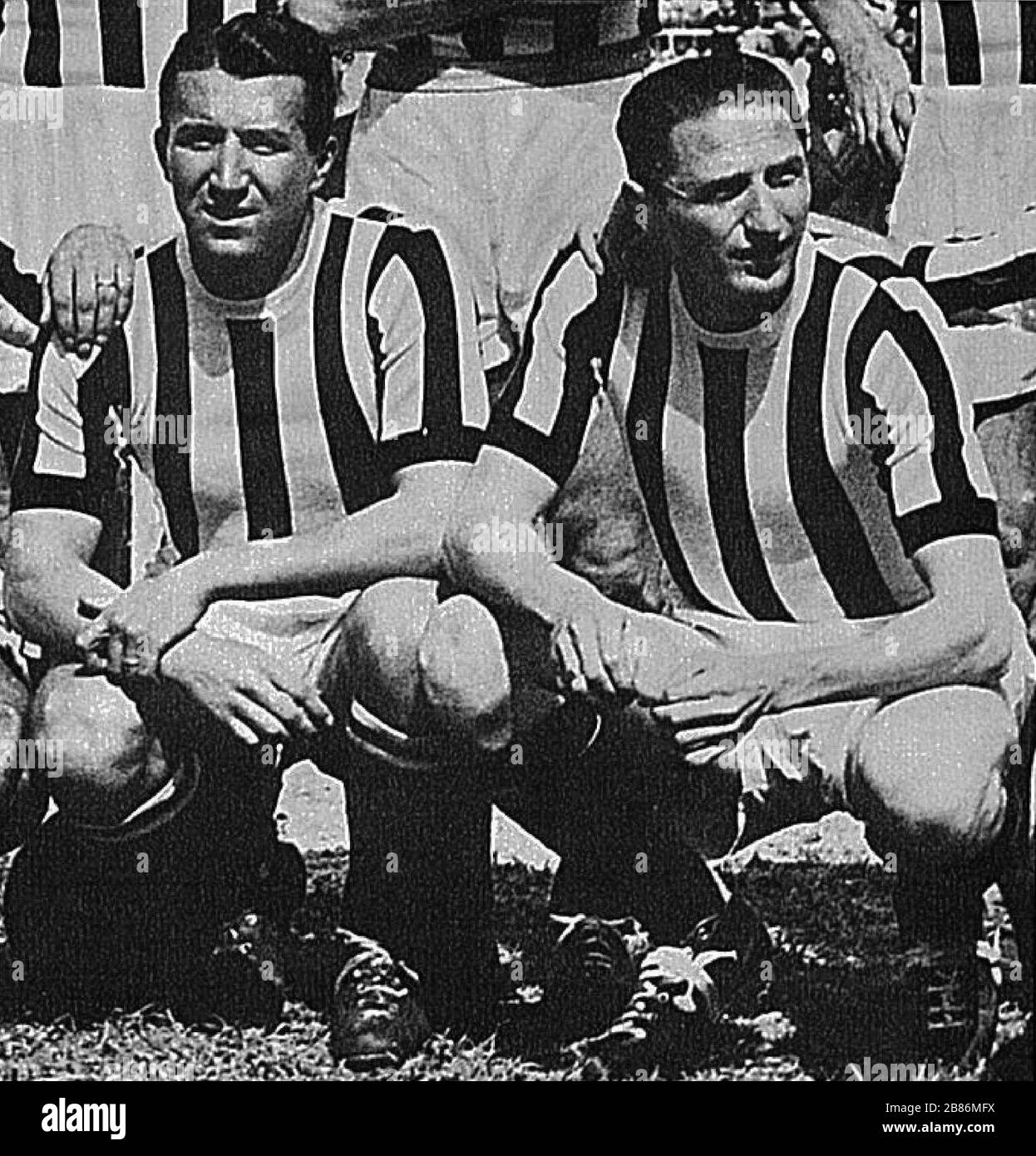 'From left to right: Juventus F.C.'s footballers, Czechoslovakian Čestmír Vycpálek and Italian Silvio Piola, in the 1946–47 season.; between 1946 and 1947 date QS:P,+1946-00-00T00:00:00Z/8,P1319,+1946-00-00T00:00:00Z/9,P1326,+1947-00-00T00:00:00Z/9; Armando Caruso (December 1971). Vychpalek. Hurrà Juventus (12): 18.; Unknown; ' Stock Photo