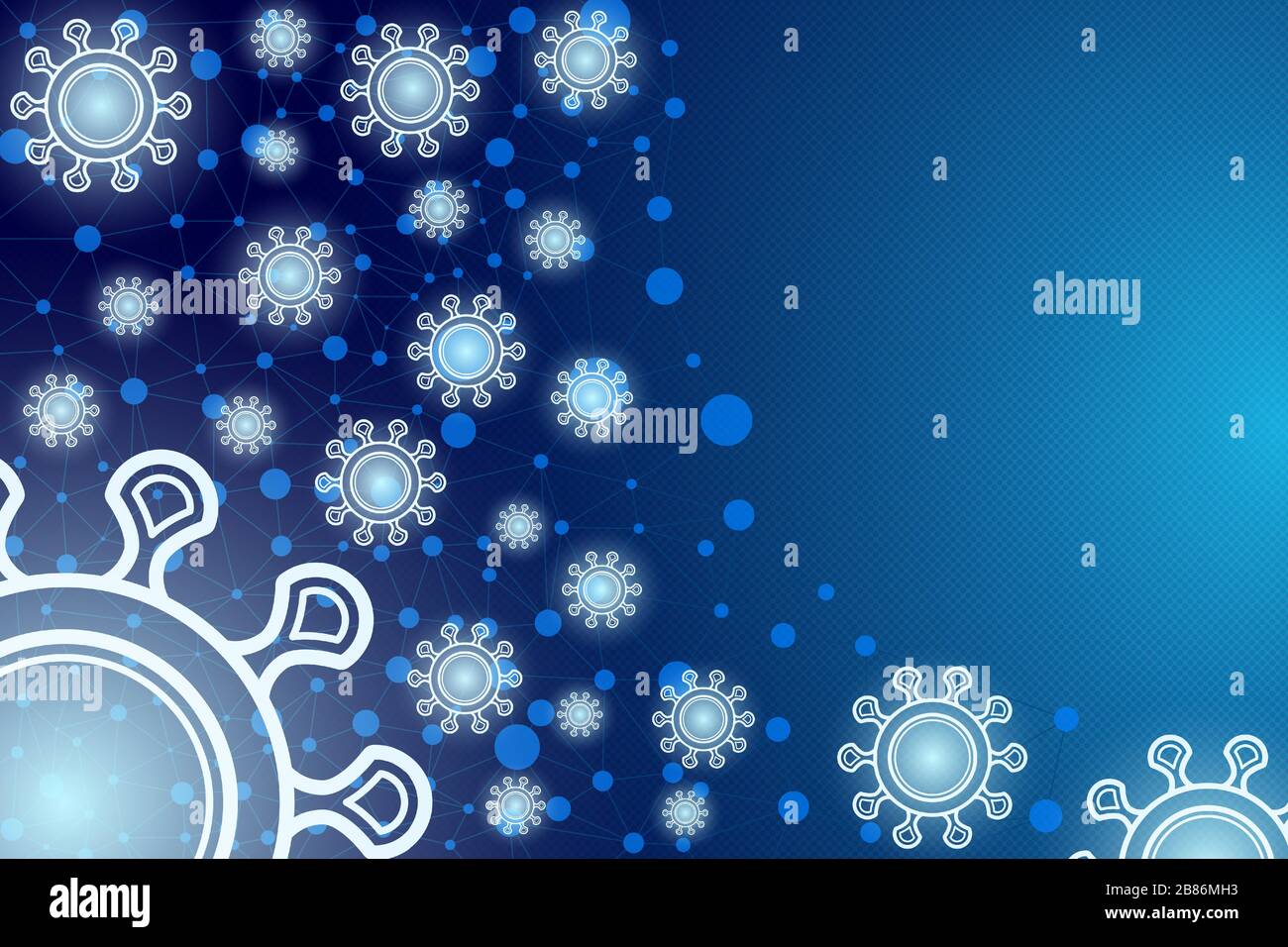 Blue gradient background with glowing coronavirus and linear pattern. Stock Vector