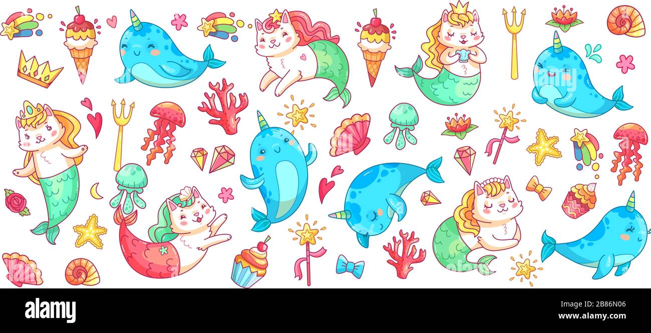 Unicorn narwhal and mermaid cat. Vector illustration set Stock Vector