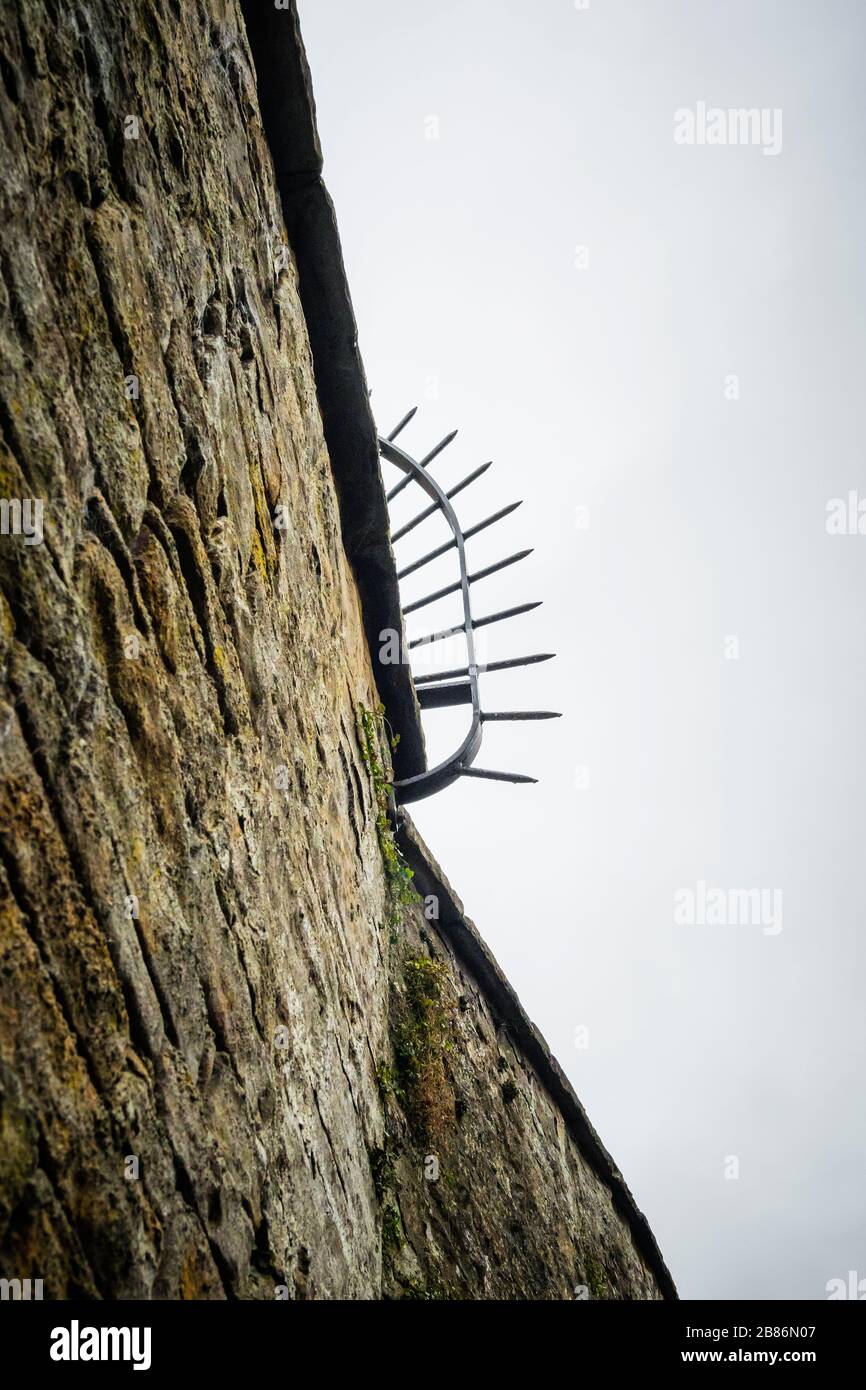 A spiked anti climb bar on top of a high stone wall Stock Photo