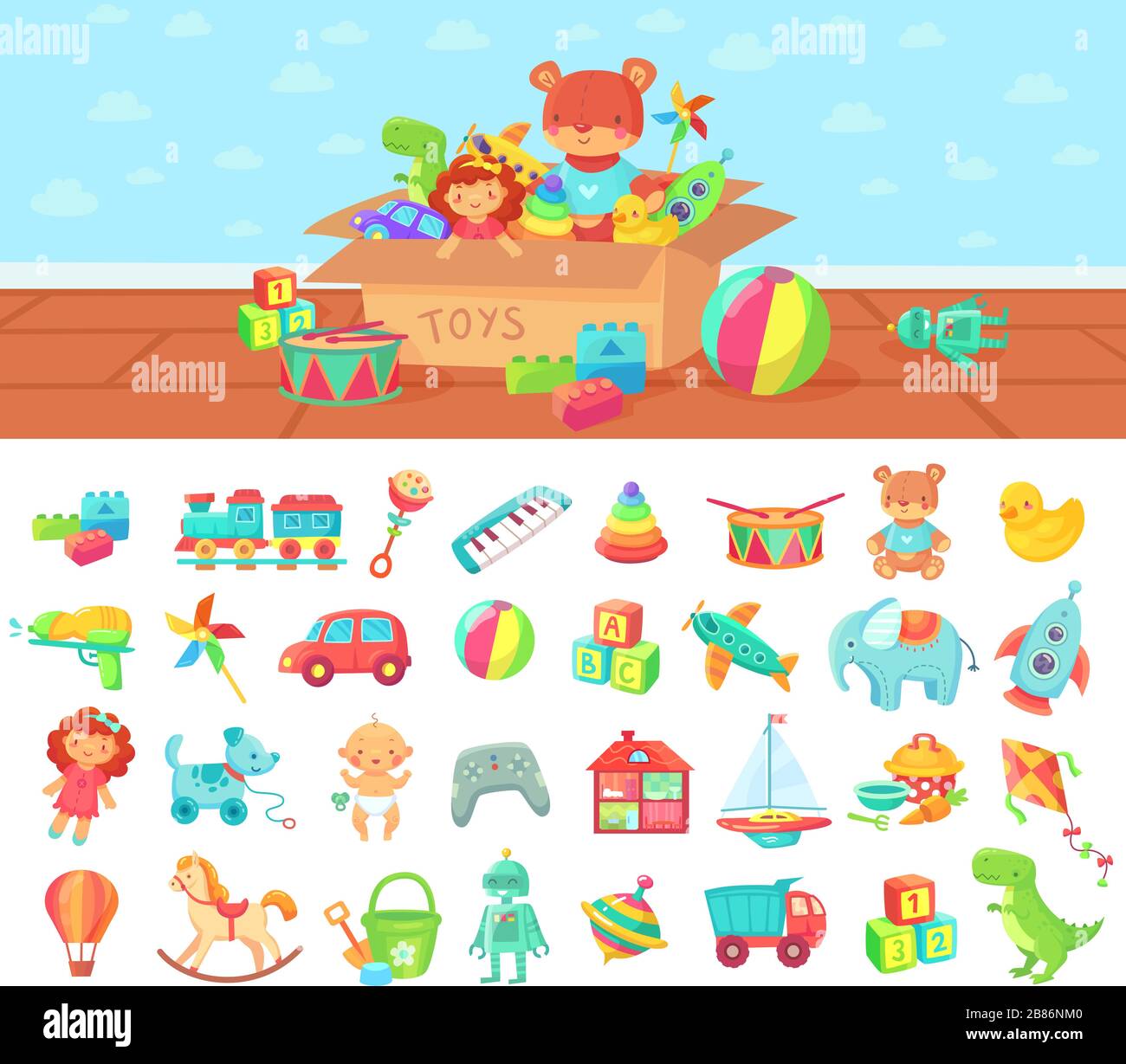 Cartoon toys. Vector set of kids play, block and doll Stock Vector