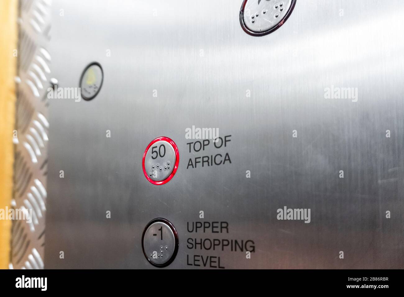 Button in the elevator indicating 50th floor named Top of Africa, downtown of Johannesburg, South Africa Stock Photo