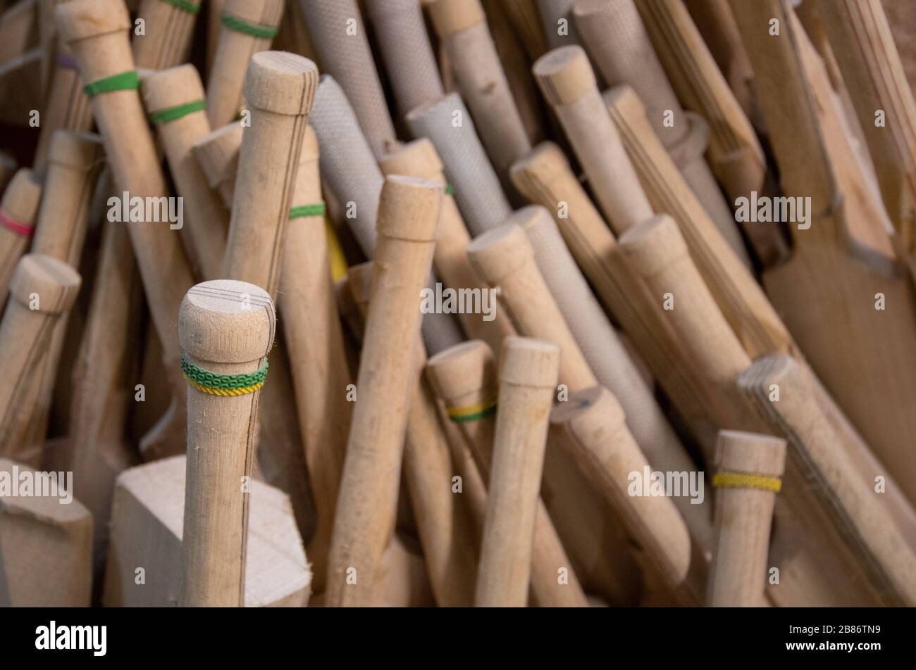 Handmade cricket bats at a workshop at Warsop Stebbing in East Hanningfield, Essex. With the start of the season just weeks away, the ECB, the governing body of cricket have recommend that all forms of recreational cricket are for now suspended. Stock Photo