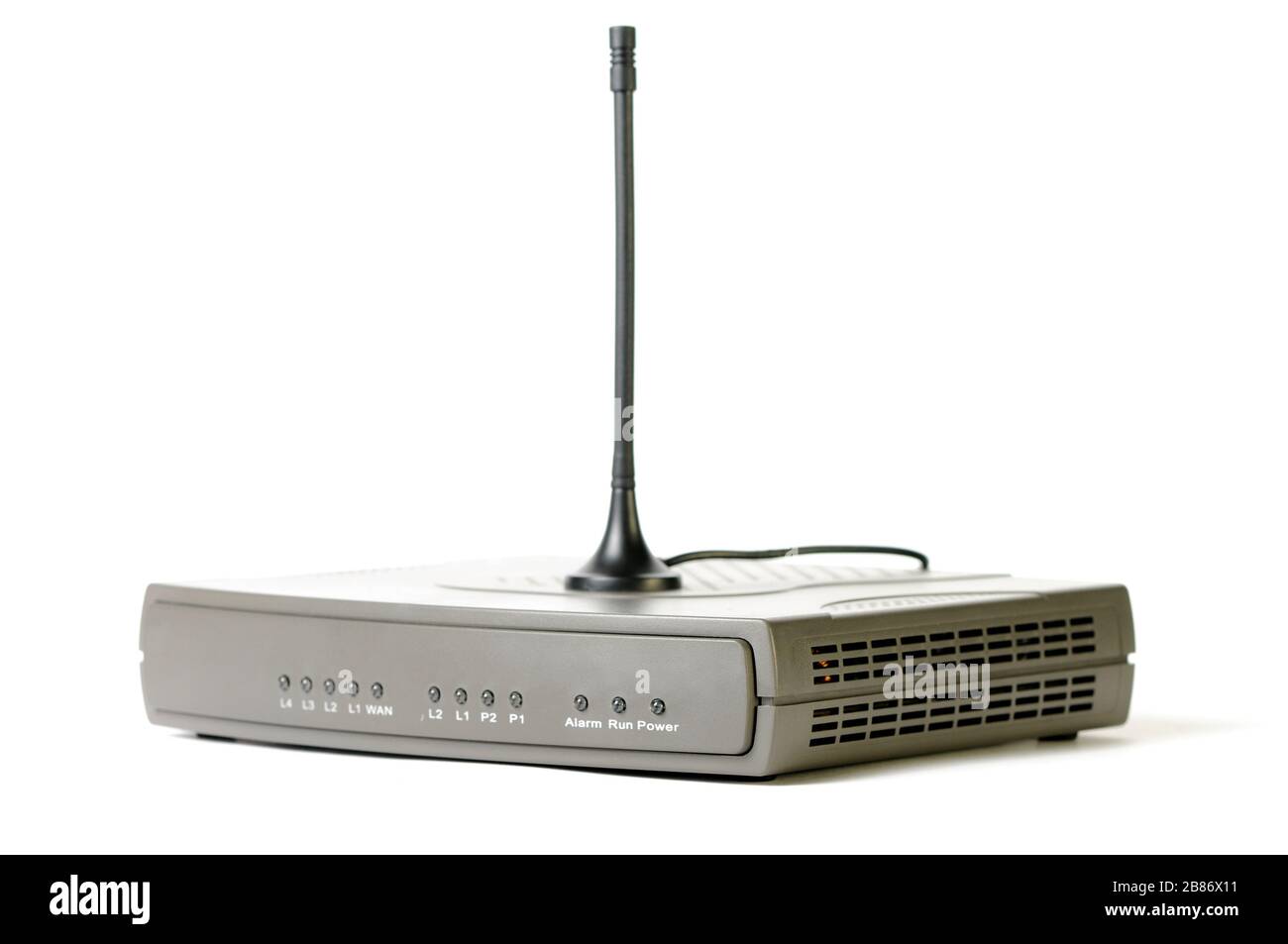 Closeup of an modem and TV receiver of television channels with an antenna stands on a