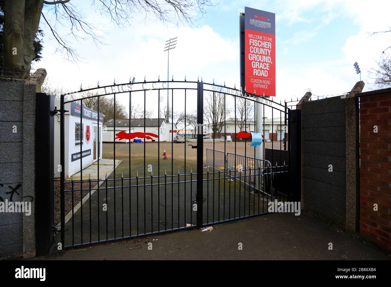 A general view of closed gates at Fischer County Ground home of Leicestershire County Cricket Club after it was announced that The England and Wales Cricket Board (ECB) has recommended all forms of recreational cricket be suspended indefinitely because of coronavirus. Stock Photo