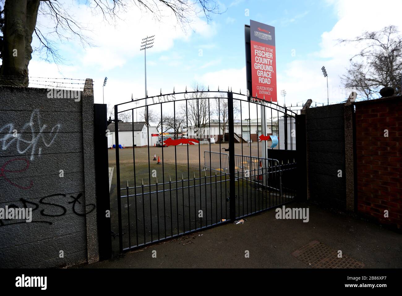 A general view of closed gates at the Fischer County Ground home of Leicestershire County Cricket Club after it was announced that The England and Wales Cricket Board (ECB) has recommended all forms of recreational cricket be suspended indefinitely because of coronavirus. Stock Photo
