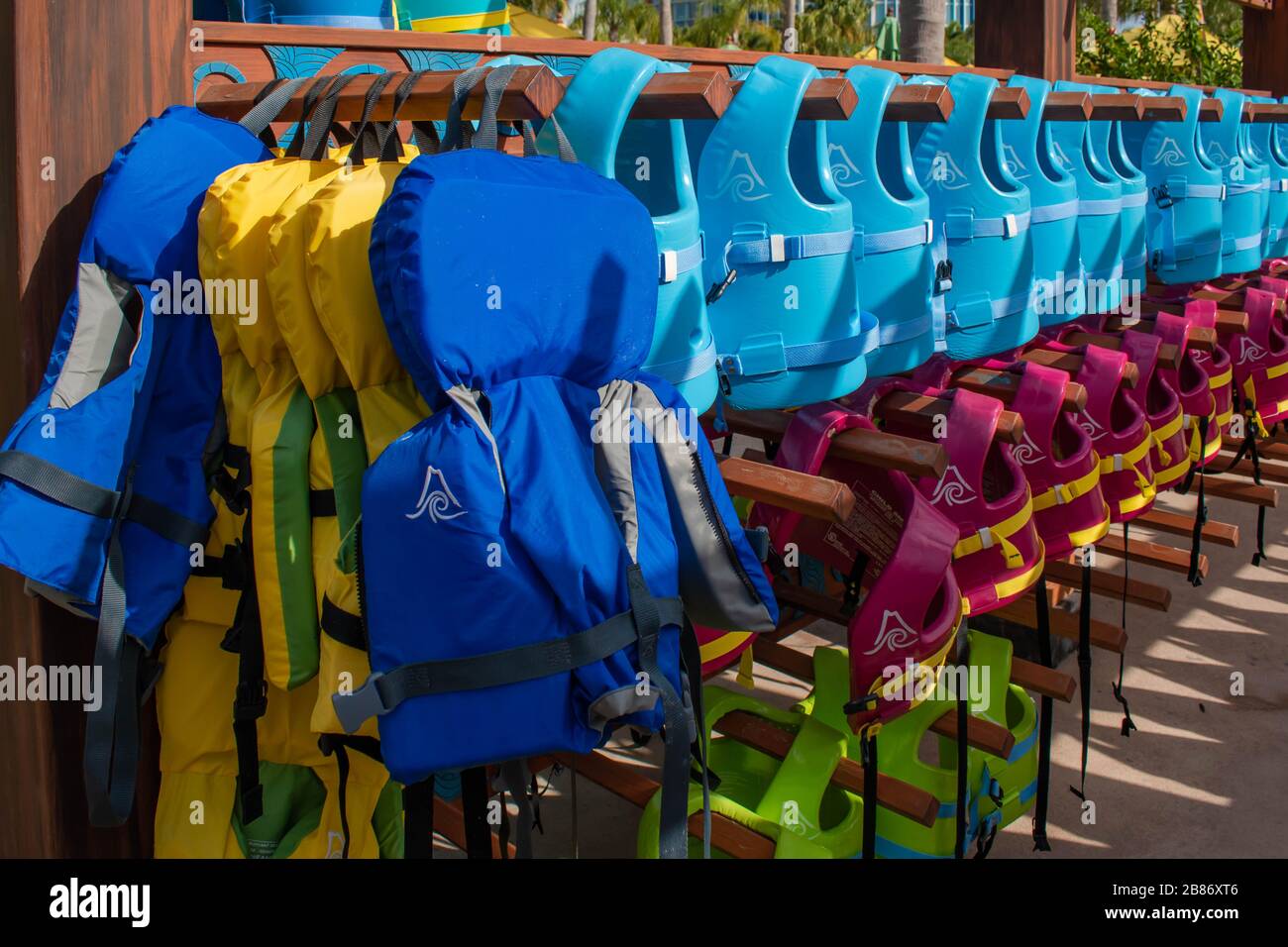 Orlando, Florida. March 10, 2020. Colorful life jackets at Volcano Bay