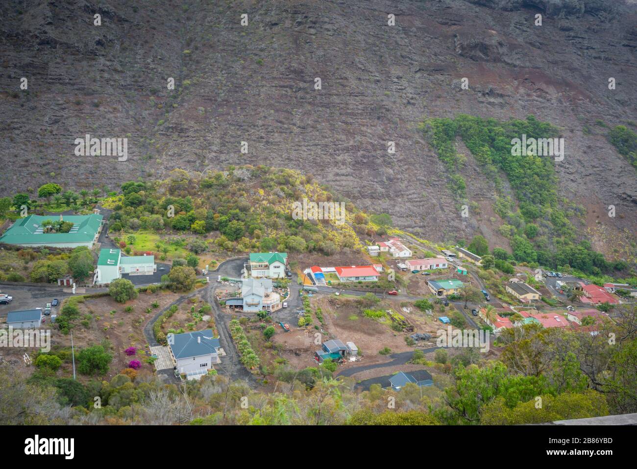 Part of the town of Jamestown on the remote island of St Helena. The green roofed buildings are used by the French Government for the maintenance of N Stock Photo