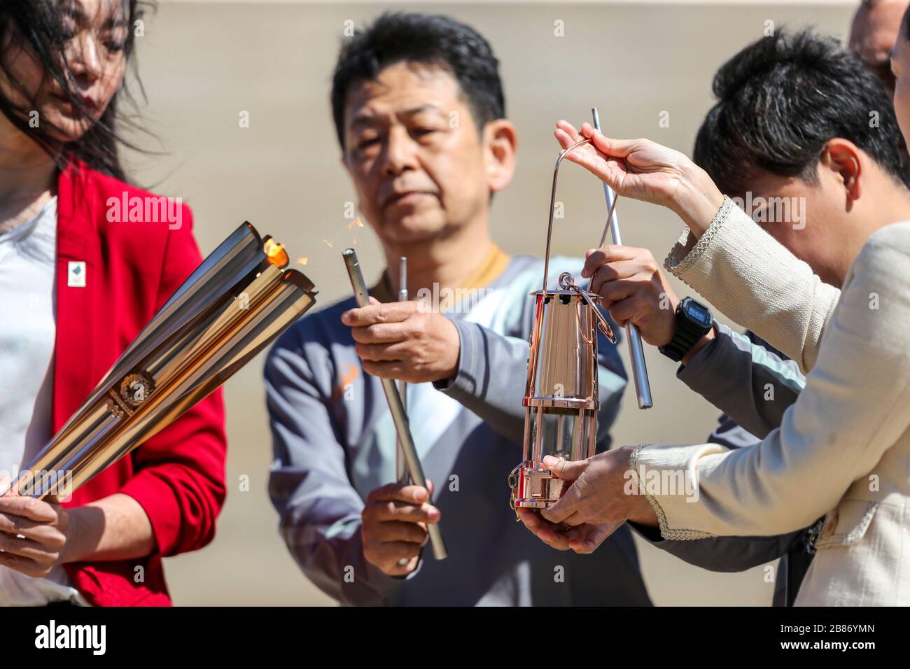 Athens, Greece - March 19, 2020: Olympic Flame handover ceremony for the Tokyo 2020 Summer Olympic Games at the Panathenaic Kallimarmaro Stadium Stock Photo