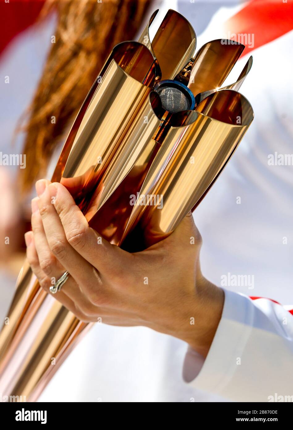 Athens, Greece - March 19, 2020: Olympic Flame handover ceremony for the Tokyo 2020 Summer Olympic Games at the Panathenaic Kallimarmaro Stadium Stock Photo