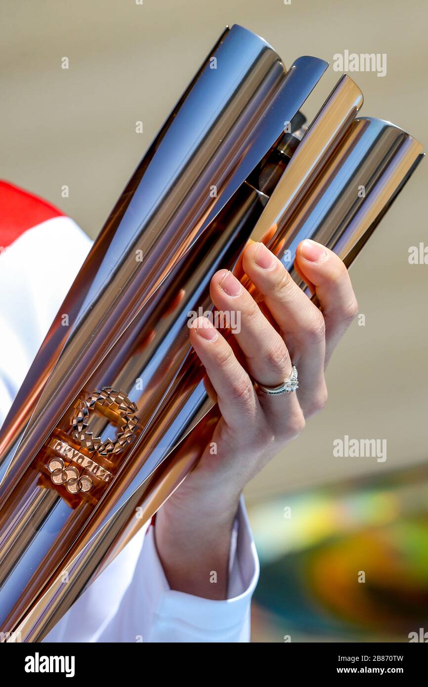 Athens, Greece - March 19, 2020: Olympic Flame handover ceremony for the Tokyo 2020 Summer Olympic Games at the Panathenaic Kallimarmaro Stadium Stock Photo