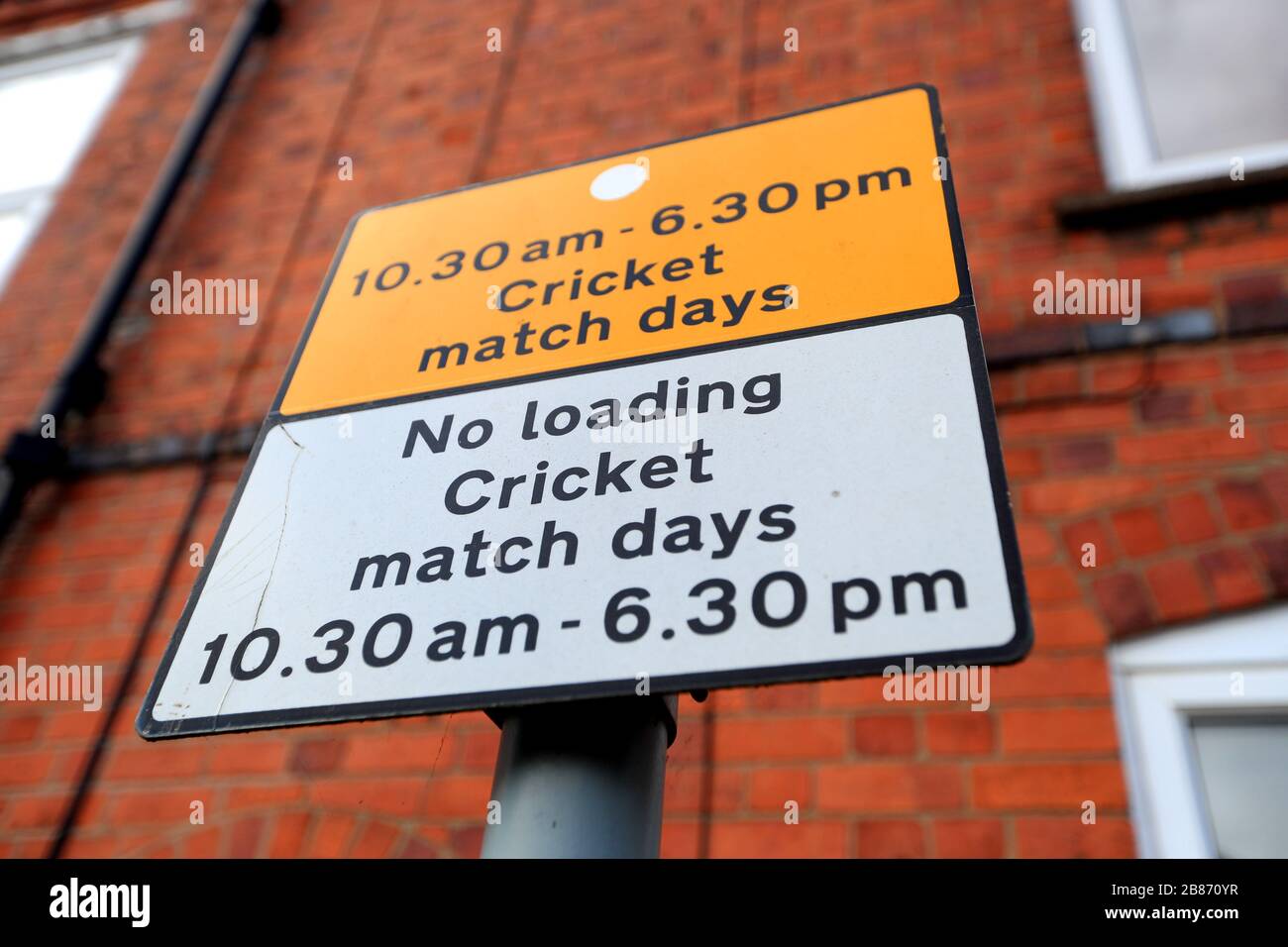 A general view of a sign outside the Fischer County Ground, home of the Leicestershire County Cricket Club after it was announced that The England and Wales Cricket Board (ECB) has recommended all forms of recreational cricket be suspended indefinitely because of coronavirus. Stock Photo
