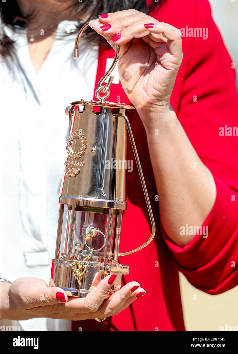 Athens, Greece - March 19, 2020: Olympic Flame handover ceremony for the Tokyo 2020 Summer Olympic Games at the Panathenaic Kallimarmaro Stadium Stock Photo