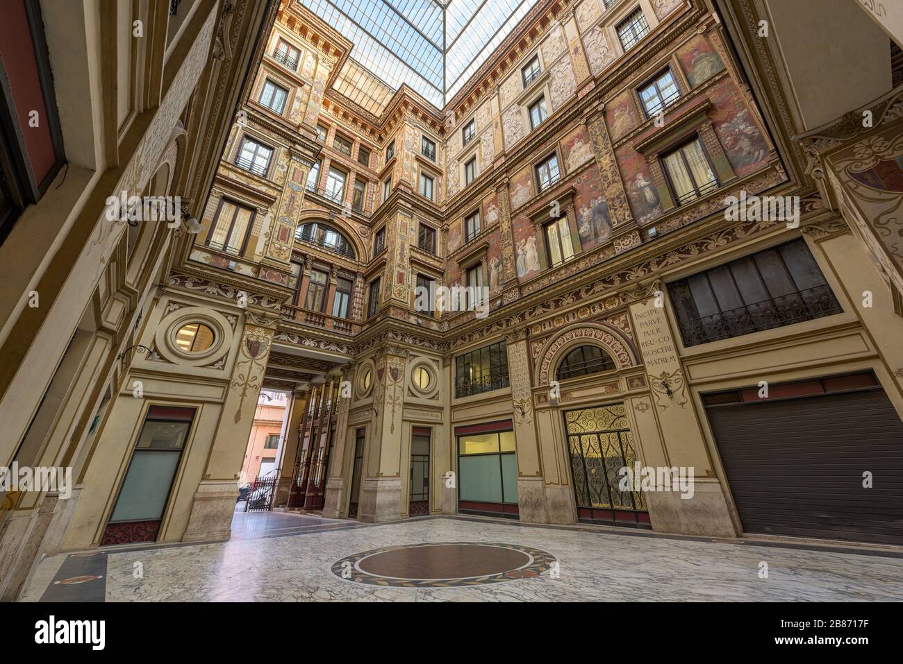 Covered passage of Galleria Sciarra building, decorated in Liberty Stile with allegoric paintings, in Trevi district of Rome, Italy Stock Photo